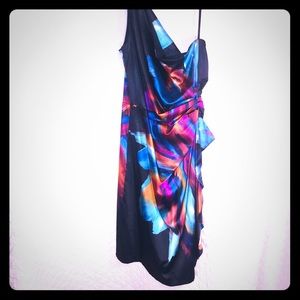 Vibrant/multicolored one shoulder cocktail dress.